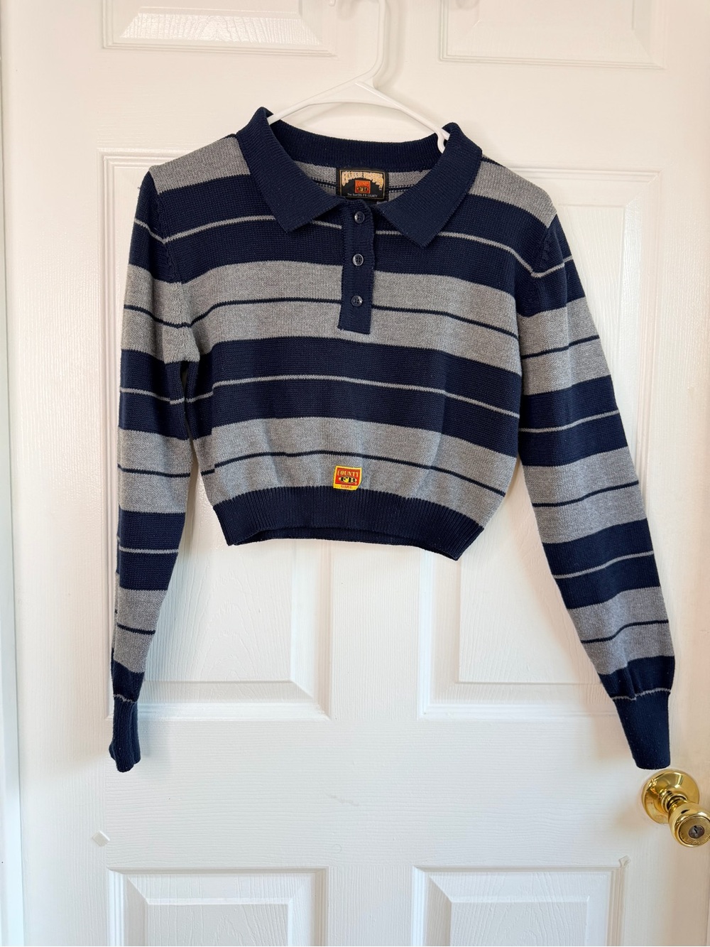 FB County Girl Cropped Knit Polo Sweater Size L Striped Navy Blue Gray